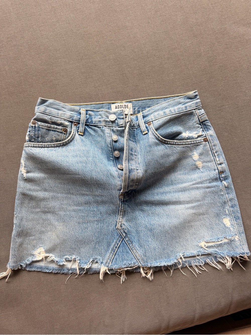 Agolde Light Blue Button-Front Distressed Denim Mini Skirt